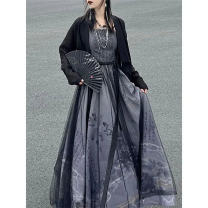 Summer Improved Chinese Traditional Black Printed Hanfu Dress Two Piece Set Women Gothic Modern Halloween Cosplay Costume