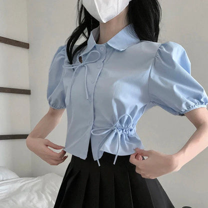 vmtvr Elegant Women Bow Shirt Korean Fashion Design Chic Tops Y2K Casual Female All Match Puff Sleeve Shirt Summer New