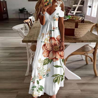 vmtvr Women Floral Print Maxi Dress Boho Lace Sling Hollow Out A Line Long Dress Ladies Casual Loose V-Neck Beach Party dress Vestidos