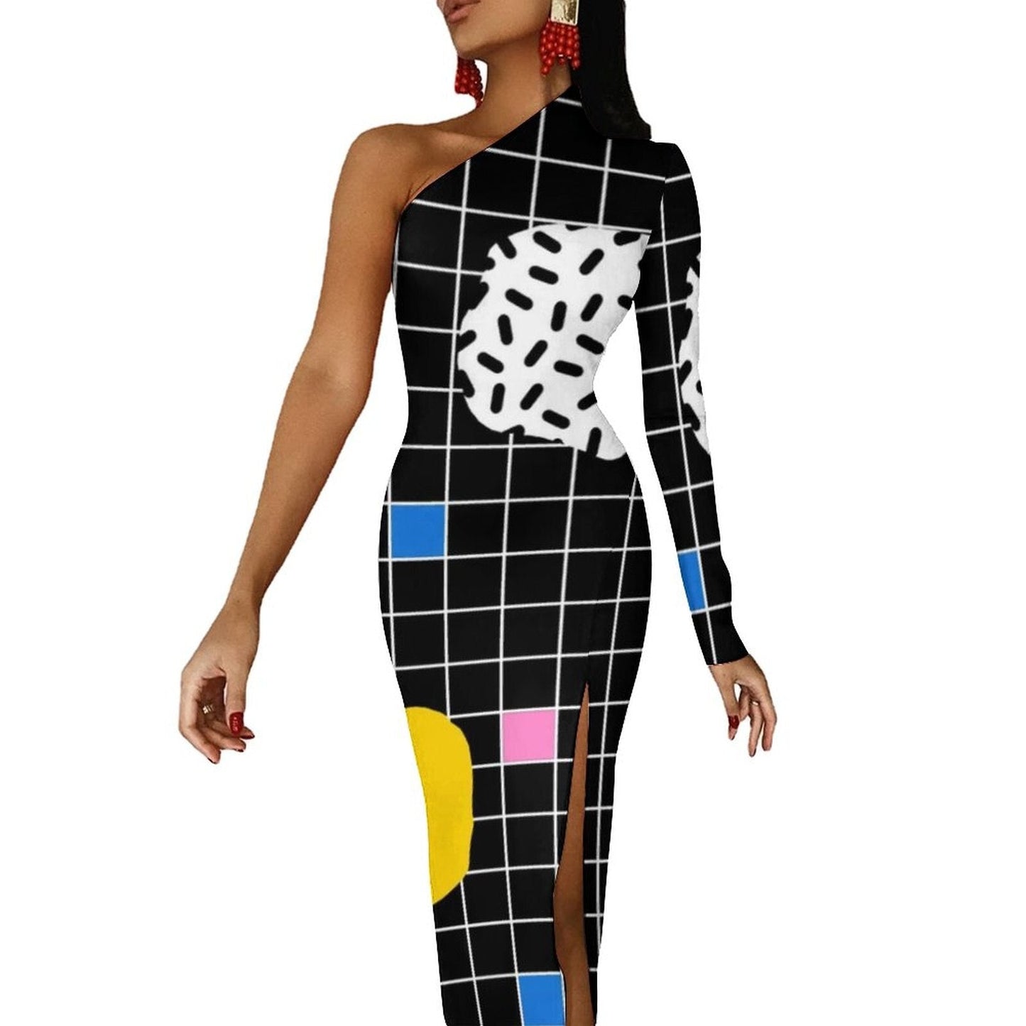 Memphis Retro Maxi Dress Long Sleeve Geometric Colorful Cute Bodycon Dress High Slit Streetwear Long Dresses Print Vestido