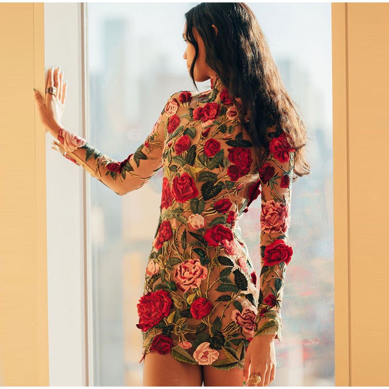 vmtvr Flower Print Embroidery Mini Dress Women Half High Collar Long Sleeve Hip Package Dresses Female Autumn Elegant Lady Vestidos