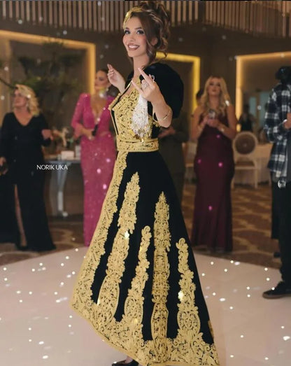 vmtvr  -  Black Velvet Arabic Caftan Prom Dresses Two Pieces Luxury Applique Karakou algerien Albanian Evening Formal Dress Outfit