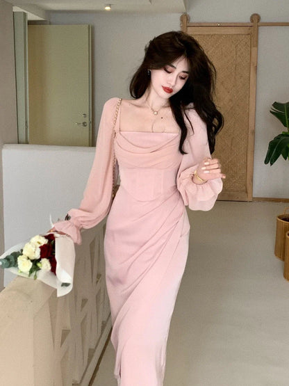 vmtvr  -  Vintage Wedding Party Midi Dresses for Women Spring New Square Collar Long Sleeves Elegant Fashion Evening Prom Female Clothing