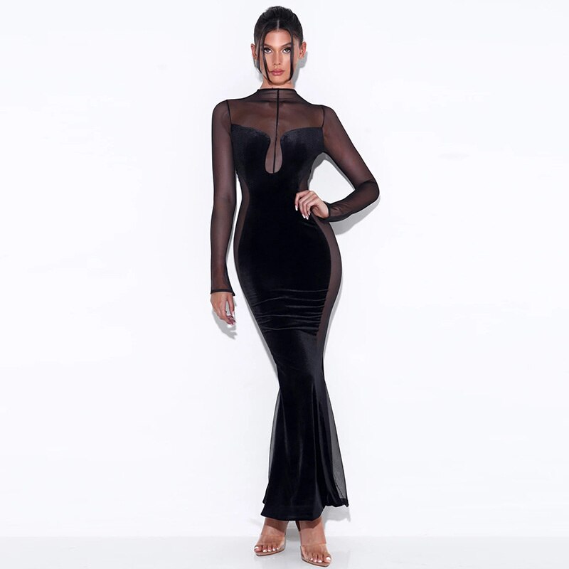 vmtvr - Elegant See Through Patchwork Maxi Dress for Women Gown Full Sleeve Fashion Zipper Velvet Bodycon Long Dresses Vestido