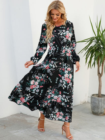 vmtvr - Elegant Floral Print Women Dress Spring Summer Casual O Neck Long Sleeve Chiffon A Line Long Maxi Dress Party Vestidos