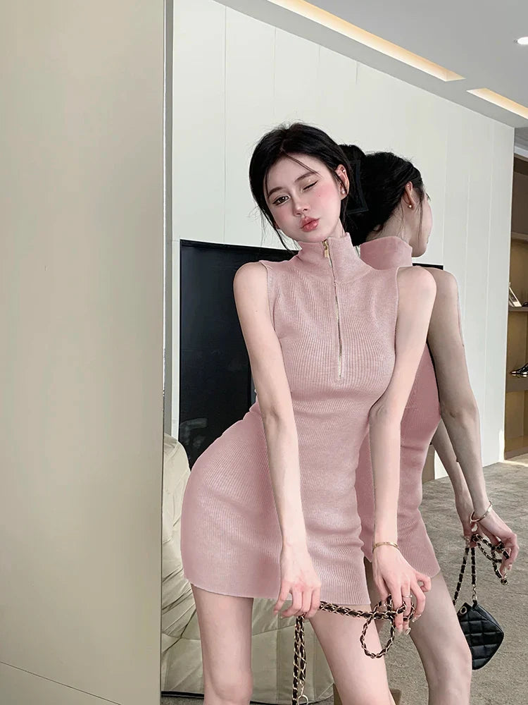 vmtvr  - outfit ideas Summer New Elegant Solid Color Knitted Zipper Stand up Sleeveless Tank Dress Fashion Slim Club Sweater Dress