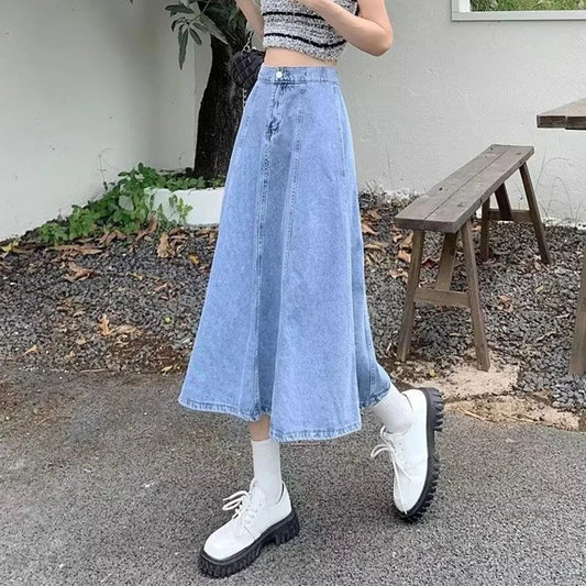 vmtvr Vintage Women Solid Jeans Skirts Summer Fashion Casual Female Loose Midi Skirts Y2K All Match High Waist A Line Denim Skirts