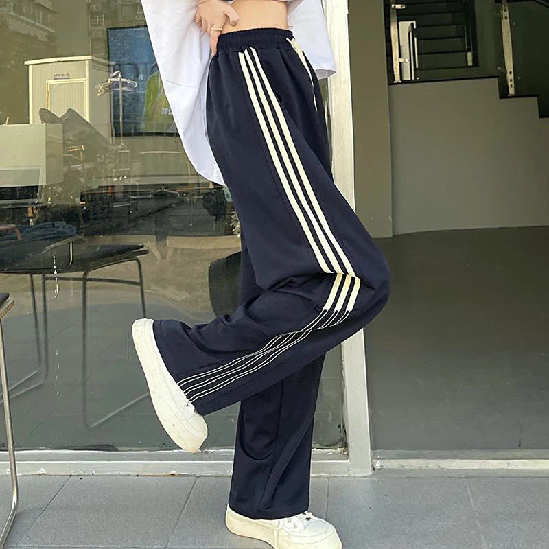 vmtvr Vintage Women High Waist Sweatpants American Style Fashion Striped Loose Wide Leg Pants Summer Female Streetwear Y2K Trousers