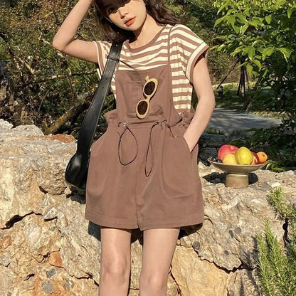 vmtvr High Waist Women Playsuits Korean Casual Pocket Loose Rompers Summer Fashion All Match Female Streetwear Bib Shorts