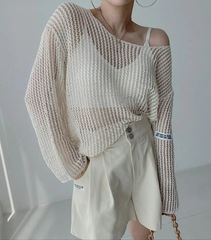 vmtvr Long Sleeve T-shirt Women Summer Thin Section Hollow Ice Silk Knit Sunscreen Coverall Korean Loose Tops