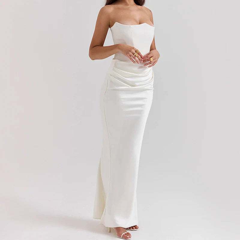 Women Evening Dress 2024 Spring Sexy Strapless Fishbone Hollow Boho Long Dress Summer Off Shoulder Slim Draped Velvet Maxi Dress