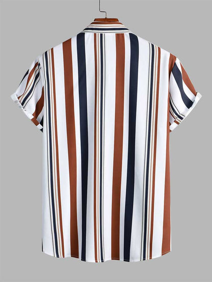 jiaabc Men's Shirt Vertical Mixed Stripes Button-Up Men's Clothing Casual Silky Blouse Top Short Sleeved Shirts for Men