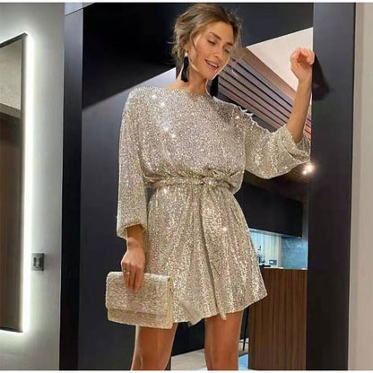 vmtvr Women Solid Sexy Sequins Mini Dress Female Fashion Long Sleeve Clothes Lady Elegant Evening Party Club Festival Dress