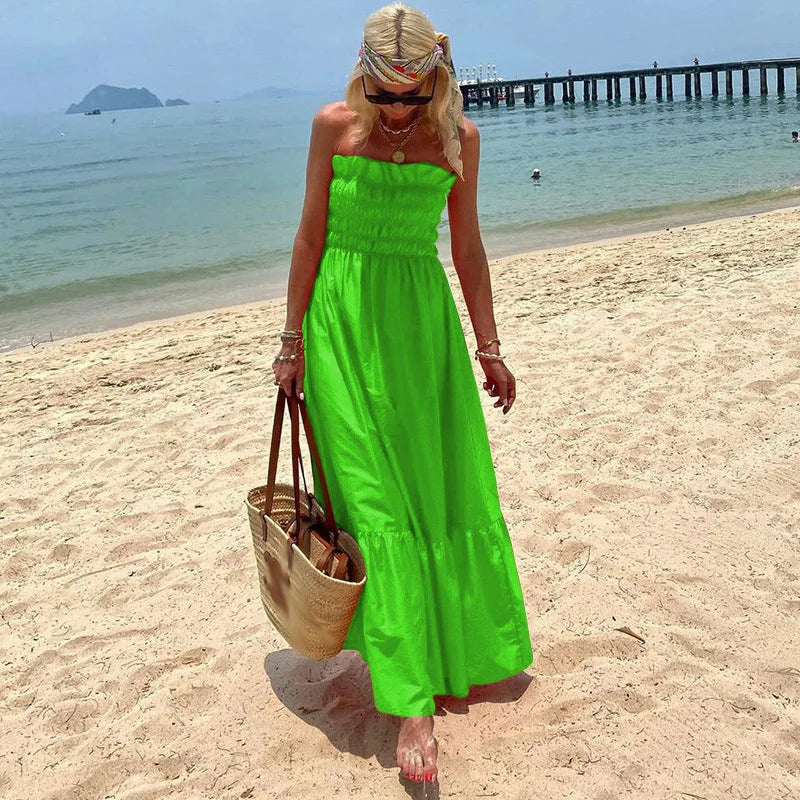 vmtvr Women Sexy Pleated Elastic Strapless Long Dress Vintage Summer Solid Slim A-Line Beach Dress Fashion Holiday Maxi Party Dresses