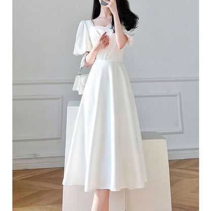 vmtvr - Elegant Chic Beads Square Collar White Party Dresses for Women Summer Ruffled Puff Short Sleeve Slim Fit Fairy Midi Dress Female