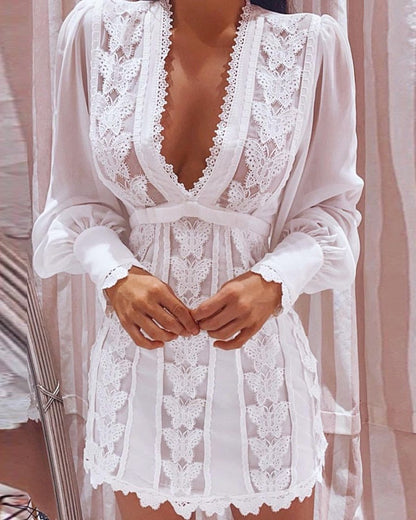 vmtvr - 2023 New Women Autumn Boho Fashion Elegant Dresses Sexy V Neck Solid Sheer Mesh Long Puff Sleeve Butterfly White Lace Mini Dress