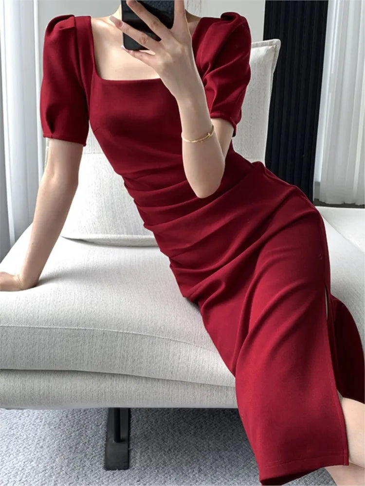 vmtvr Women Summer New Elegant Bodycon French Midi Dress Short Sleeve Slim Vintage Party Vestidos Femme Fashion Solid Clothes Robe