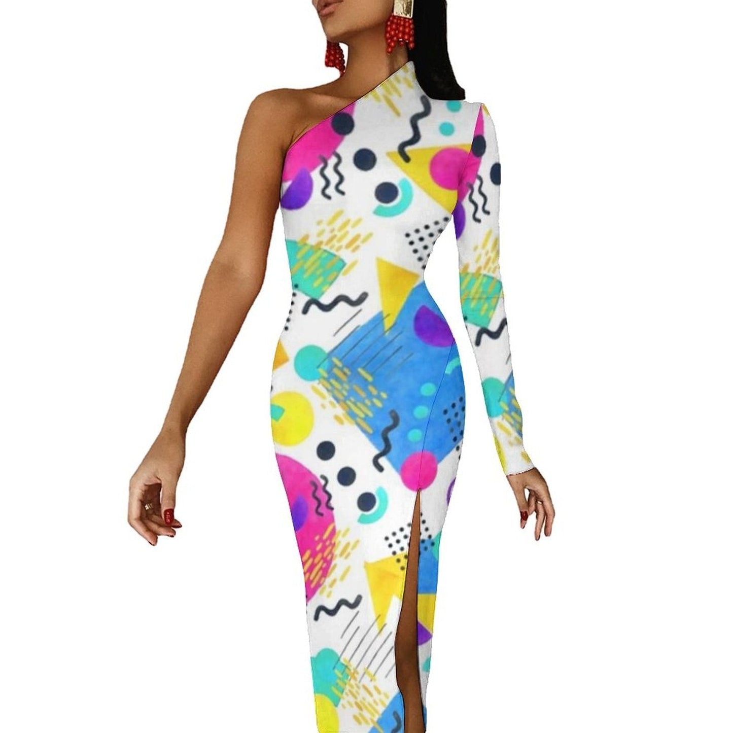 Memphis Retro Maxi Dress Long Sleeve Geometric Colorful Cute Bodycon Dress High Slit Streetwear Long Dresses Print Vestido