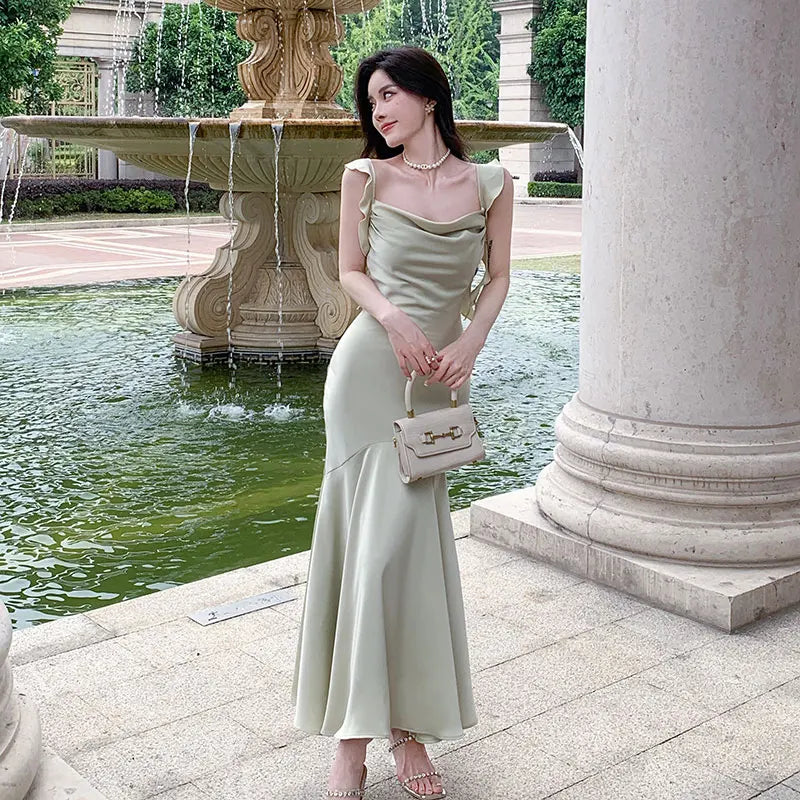 vmtvr  -  Elegant Fashion Sleeveless Satin Long Dresses for Women Summer New Beach Strap Ruffle Mermaid Evening Party Female Clothing