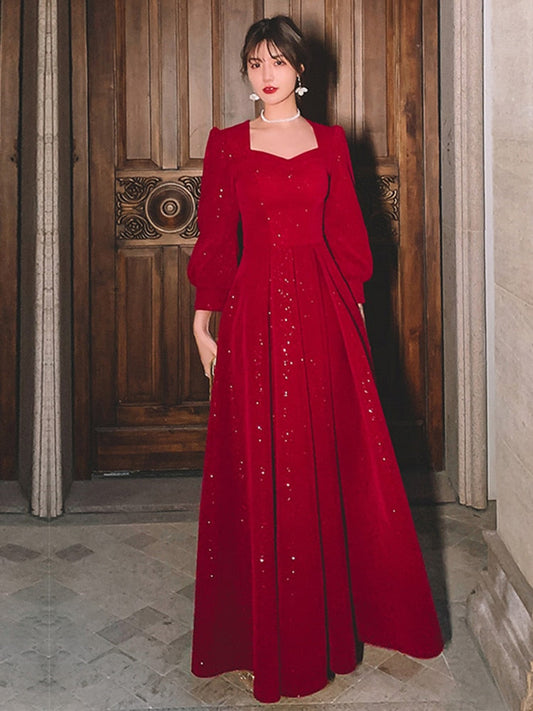 vmtvr Women Evening Dresses Long Sleeve Elegant Square Collar Red Sequins Simple Prom Party Dress Long A-line Formal Vestidos