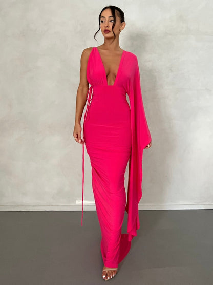 Rose Red Backless Maxi Dress Women Sexy Ruched Evening Party Dresses Fashion Elegant One Shoulder  Slim Long Summer Dress 2023