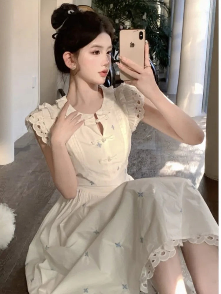 vmtvr Women's Sweet Flying Sleeve Midi Dress Summer Embroidery Female Vintage O-Neck Clothes Elegant Lady Chic A-line One Pieces Robe