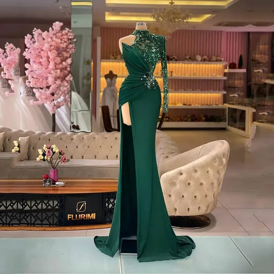 vmtvr  - Customized Women's Green High Waist Mermaid Long Sleeve Velvet Satin Sequins Arab Dubai Evening Dress Attends Party Ball