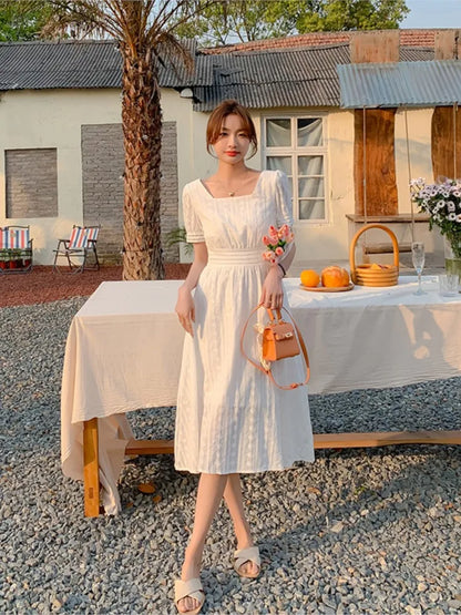 vmtvr French White Women Summer Vintage New Elegant Dresses Square Collar Slim Fairy Long Dress Office Lady Robe 2024 Female Clothing