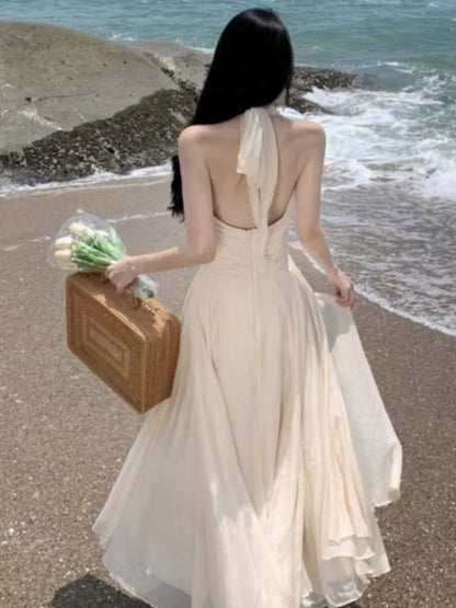 vmtvr Beach Holiday Dress 2024 Summer Sleeveless Halter Long Dresses Women Backless A-line V-neck Party Wedding Prom Robe Ropa Mujer