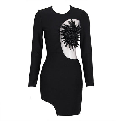 vmtvr New Autumn Women's Dress Luxury Beaded Design Long Sleeve Celebrity Club Black White Mesh Sexy Mini Bandage Dress