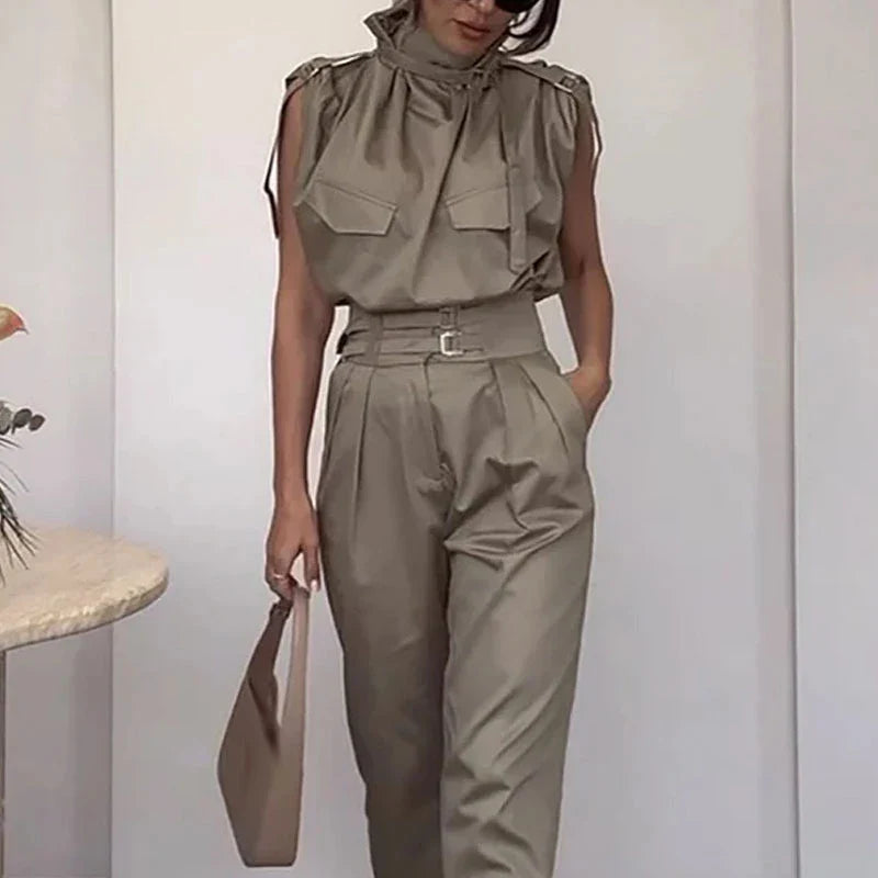 vmtvr Spring Summer Sleeveless Two Piece Set Women High Neck Tank Top Pullover & Tie-up Pants Outfit Casual Solid Office Straight Suit