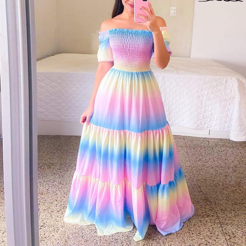 vmtvr Sexy Off The Shoulder Tube Top Dress Butterfly Rainbow Floral Print Dress Ladies Elegant Slim Summer Bohemian Party Maxi Dresses