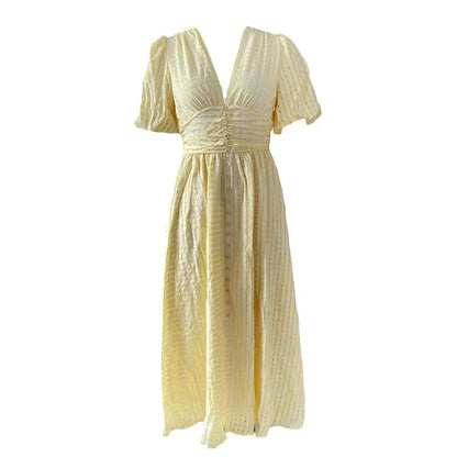 vmtvr  -  V-neck Yellow Puff Sleeve Split Solid Summer Women Dress A-line Maxi Long Sundress Vestido Button Beach Dress Party