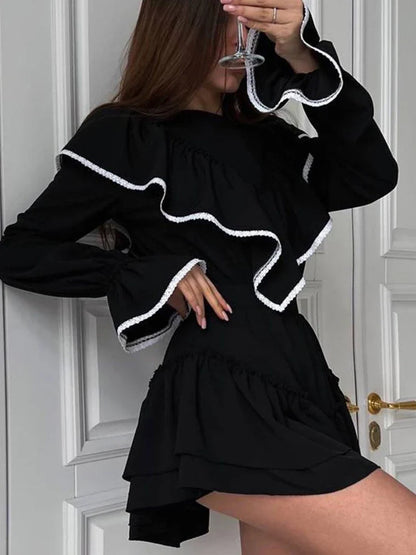 vmtvr Autumn Winter Women Elegant Sweet Mini Dress Solid Black Long Sleeve Ruffle Flare Dress Female