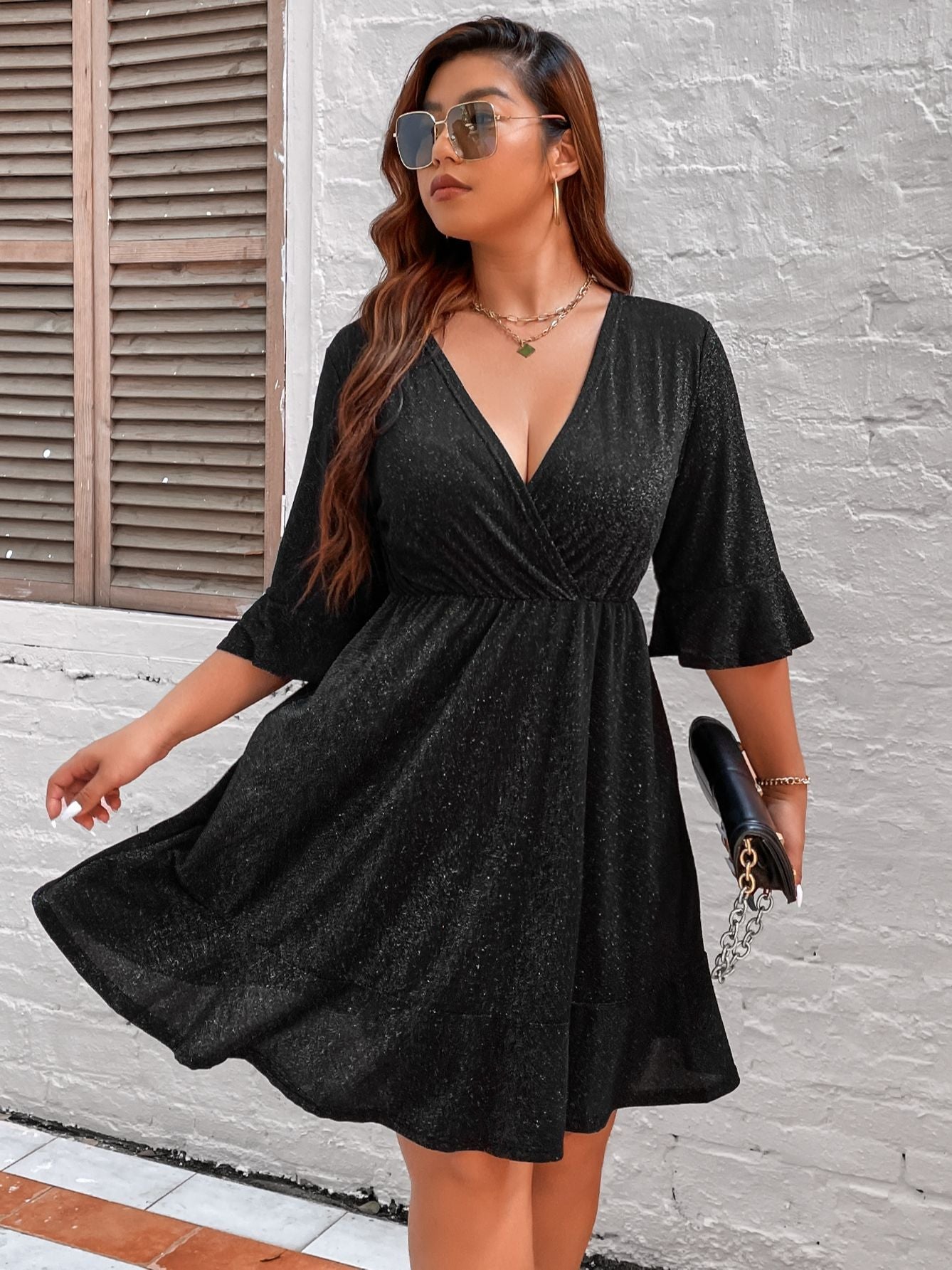 Plus Size 4XL Glitter Midi Dress for Chubby Women Autumn Half Sleeve V Neck Red Clothing  Elegant Large Evening Party Dresses