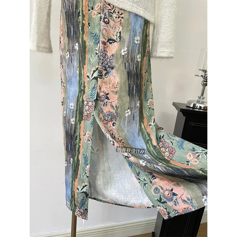 vmtvr  -  Army Green Style Halo Dyed Floral Side Slit Long Dress Women Summer Floral Fragrance Oil Painting Print Beach Dresses