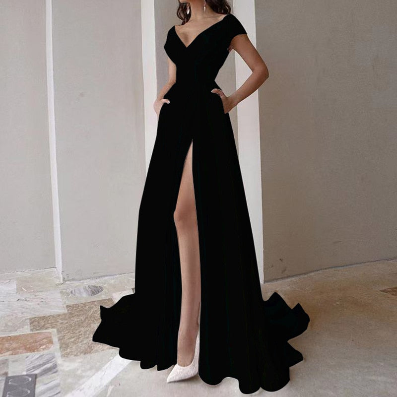 vmtvr - Female Elegant Temperament Party Dresses Fashion V-neck Sleeveless High Waist Long Dress Solid Pleated Split Women Evening Dress