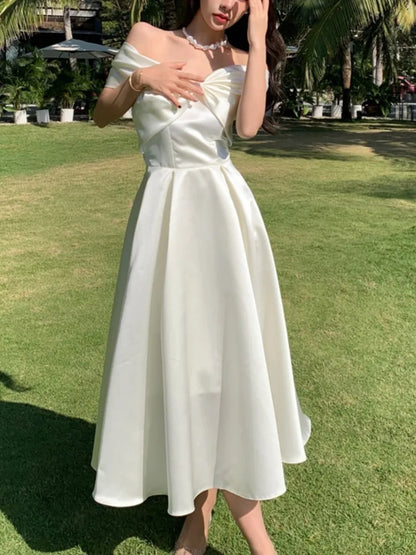 Summer Women New Elegant Wedding White Dress Vintage A-Line Casual Midi Party Prom Vestidos Female Fashion Chic Robe Mujers