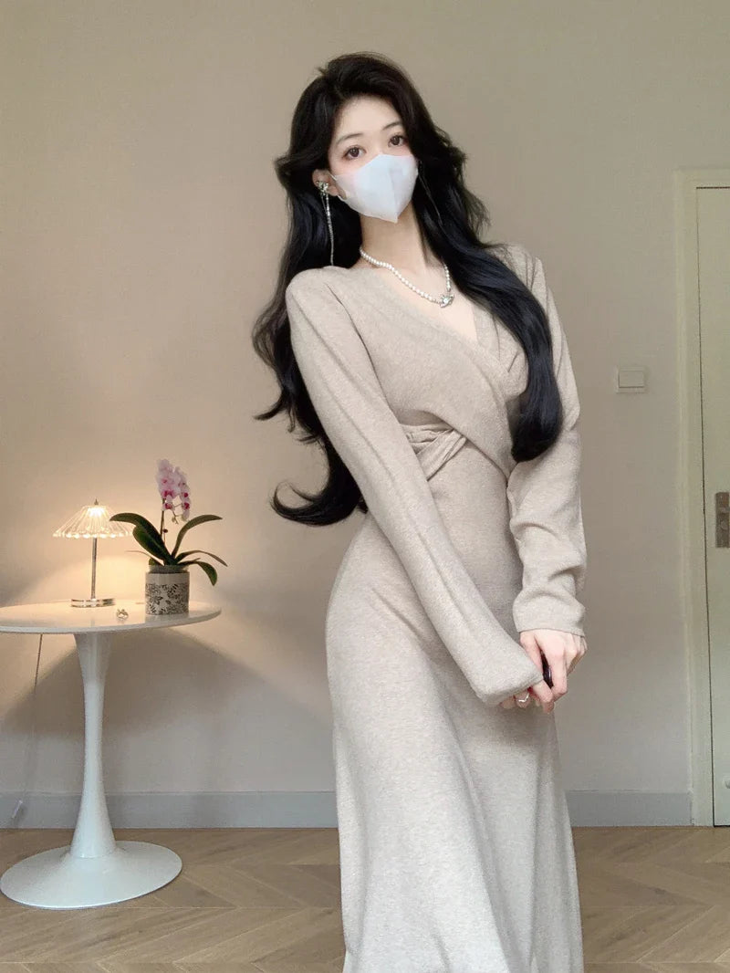 vmtvr  -  Vintage Long Sleeve Knitted Sweater Midi Dresses for Women Autumn Winter Office Lady Elegant Bodycon Party Female Clothing