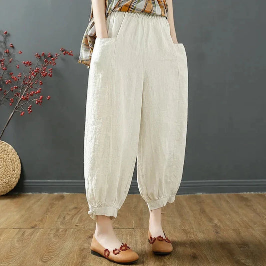 vmtvr Vintage Harajuku Loose Cotton Linen Bloomers Pants Women Summer Oversize 4XL High Waist Elastic Korean Pockets Y2k Pants