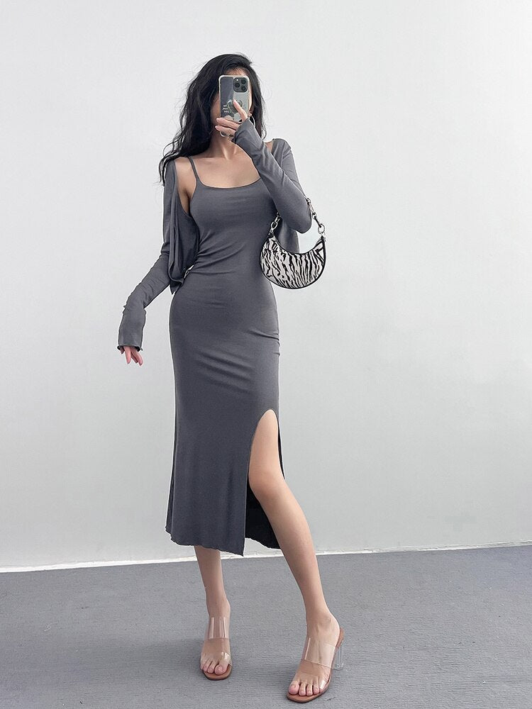 Spring Autumn Hot Girl Two Piece Mini Dress Pure Sexy Split Strap Tank Mini Dress Girl Fashion Korean Women Top 3AP0