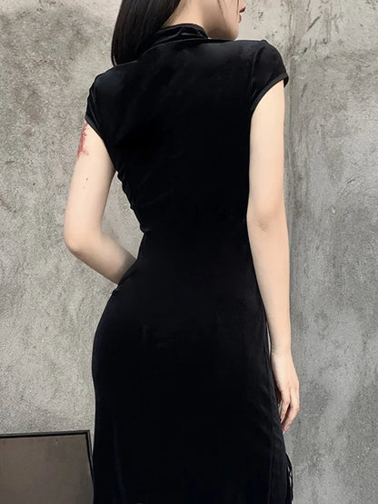 vmtvr  -  Goth Dark Romantic Gothic Velvet Aesthetic Dresses Vintage Women Black Bandage SlitHem Bodycon Dress Sexy Evening Wear Cheongsam