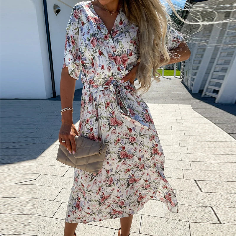 vmtvr New Spring Floral Print Boho Long Dress Women Elegant Wrap V-neck Belted A-Line Party Dress Summer Short Sleeve Loose Maxi Dress