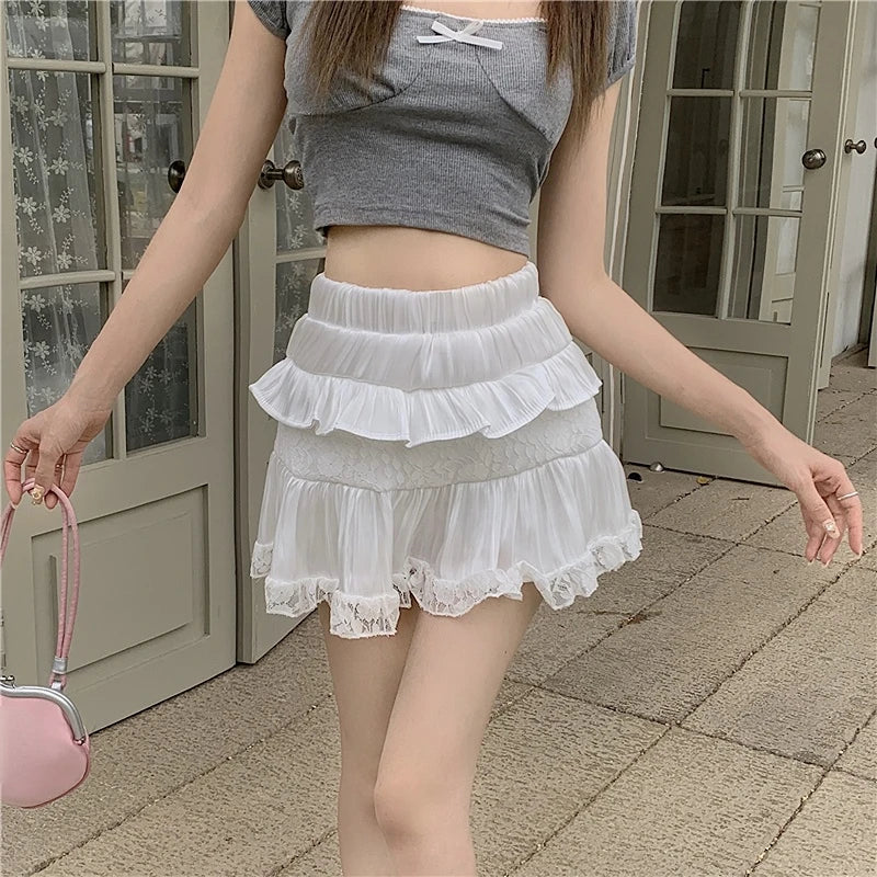 vmtvr Summer Sweet Skirts Women High Waist Slim A-line Gauze Jupe Faldas Mujer Korean Fashion Mini Skirt Black White Y2k Clothes