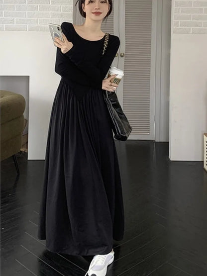 vmtvr Casual Long Dresses For Women Backless Long Sleeve O-Neck Autumn Spring Korean Fashion Solid A-Line Y2K Vestidos Mujer