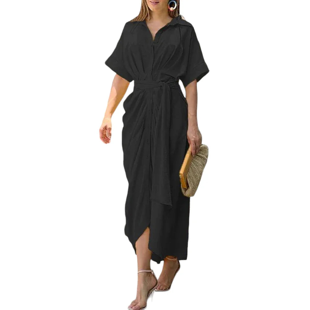 vmtvr High Waisted Lady Shirt Dress for Women Clothing 2024 Summer Classic Casual Slim Short Sleeve Women Dress Female Solid Long Skir