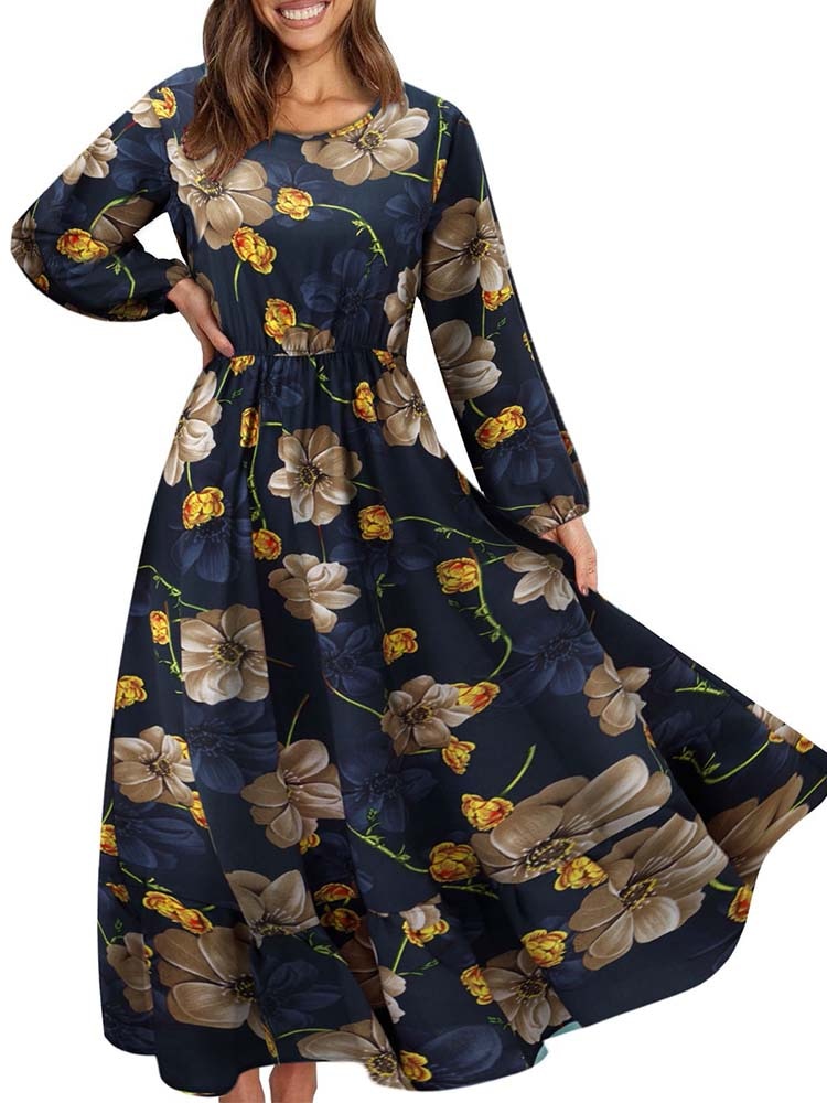 vmtvr - Elegant Floral Print Women Dress Spring Summer Casual O Neck Long Sleeve Chiffon A Line Long Maxi Dress Party Vestidos