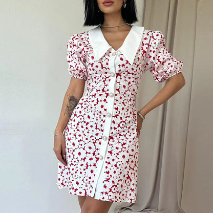 Shdowlass  -  Fashion Doll Collar Short Sleeve Party Dress Women Elegant Pattern Print Hight Waist Mini Dress 2024 Summer Casual A-Line Dress