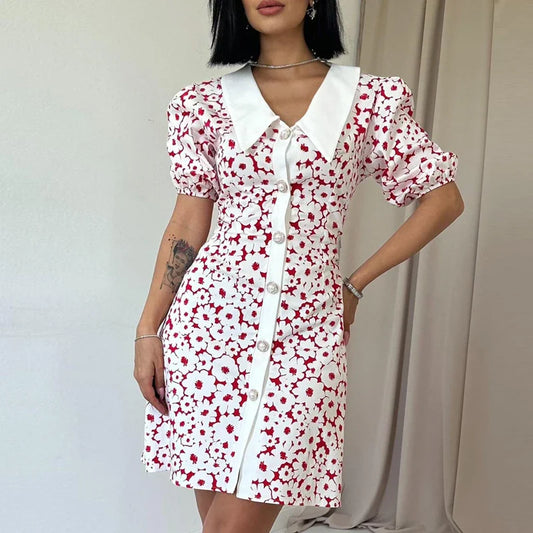 Shdowlass  -  Fashion Doll Collar Short Sleeve Party Dress Women Elegant Pattern Print Hight Waist Mini Dress 2024 Summer Casual A-Line Dress