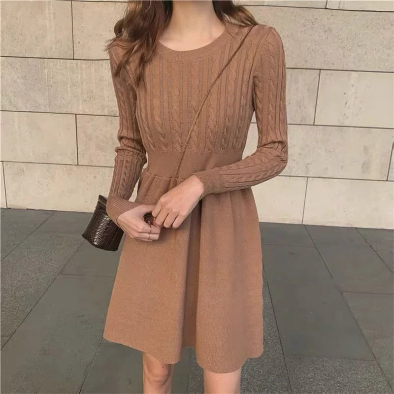 vmtvr Women Sweater Long Sleeve Dresses Autumn Winter Knitted Patchwork Slim O Neck Elegant Solid Color New Year Pullover Dresses